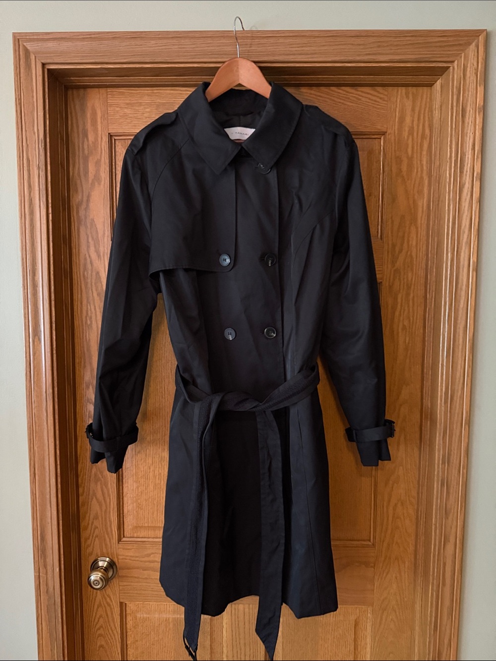 T Tahari Black Lightweight Double-Breasted Trench Coat with Belt